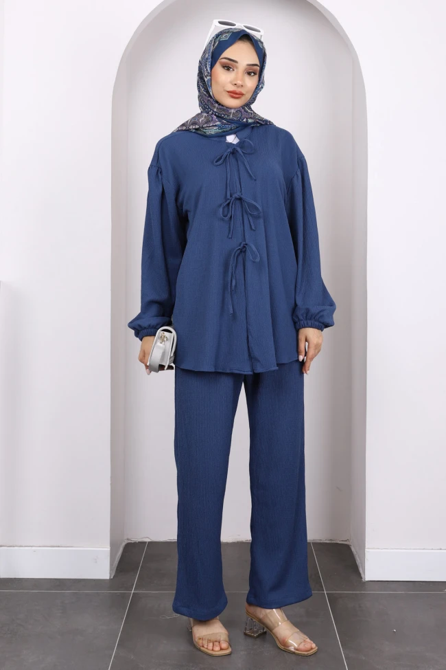 İndigo Ön Bağlamalı Bürümcük Kimono Pantolonlu Takım