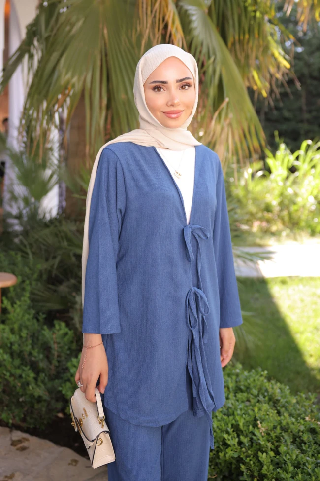 İndigo Ön Bağlamalı Bürümcük Kimono Pantolonlu Takım