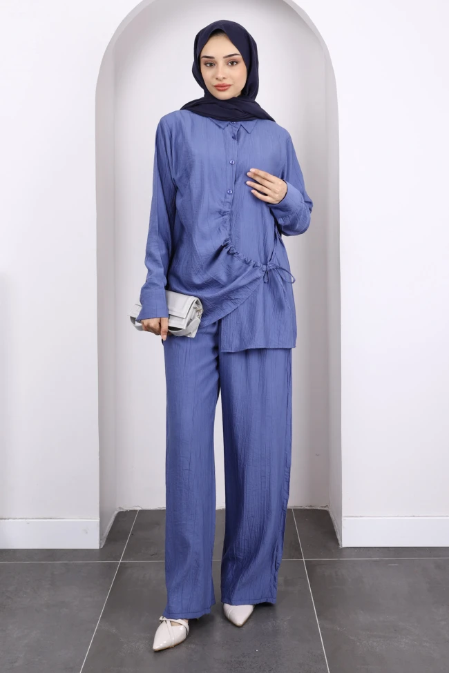 İndigo Ön Bağlamalı Tunik Pantolonlu Takım