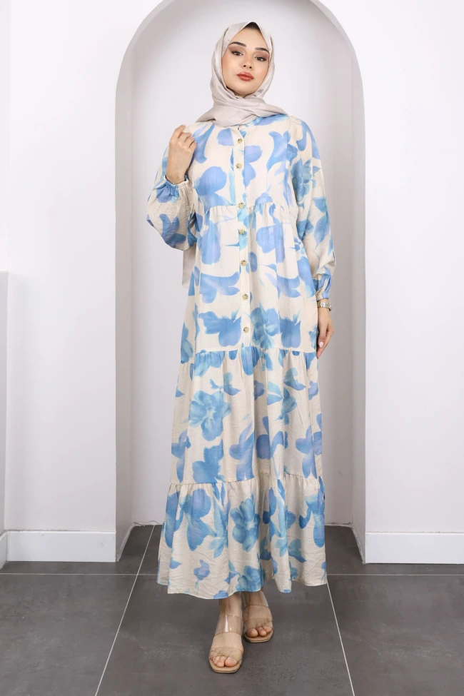 İndigo Yarım Düğmeli Eteği Katlı Desenli Elbise