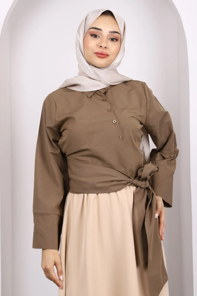 Kahverengi Bel Bağlamalı Crop Gömlek