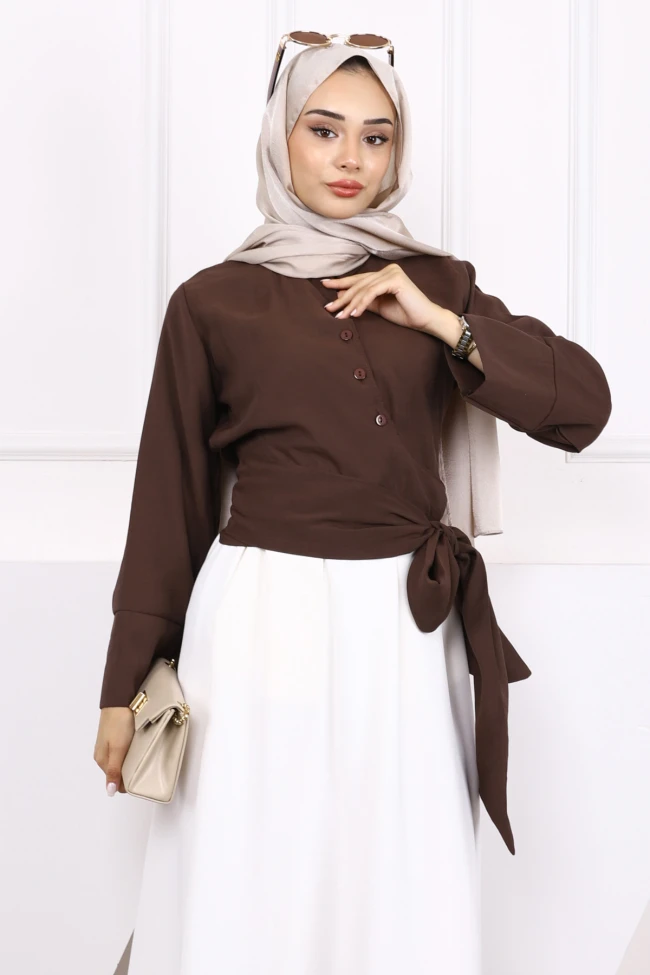 Kahverengi Bel Bağlamalı Modal Gömlek