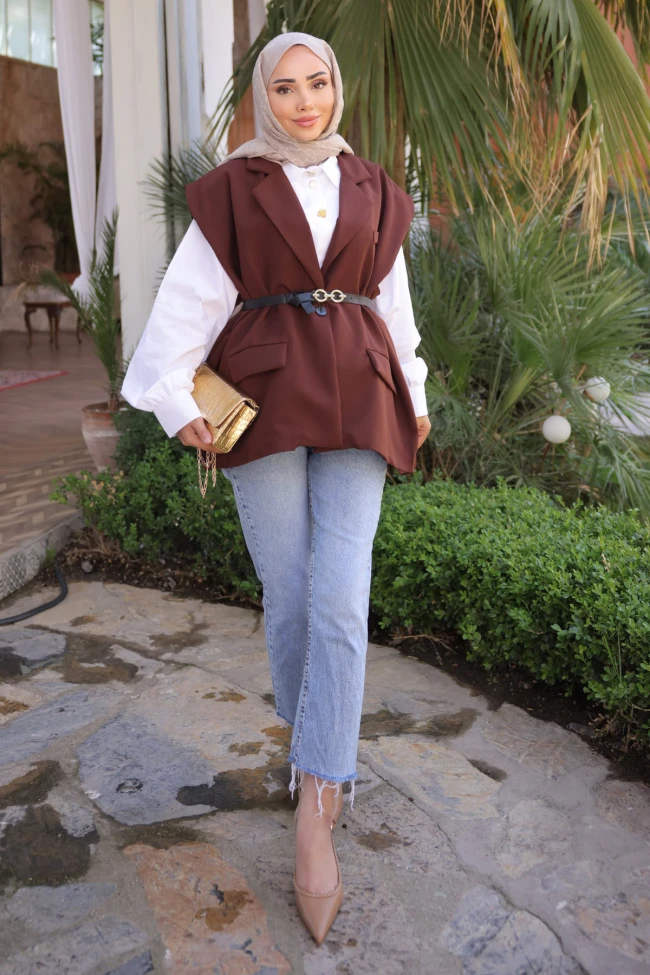 Kahverengi Bel Kemerli Yelek