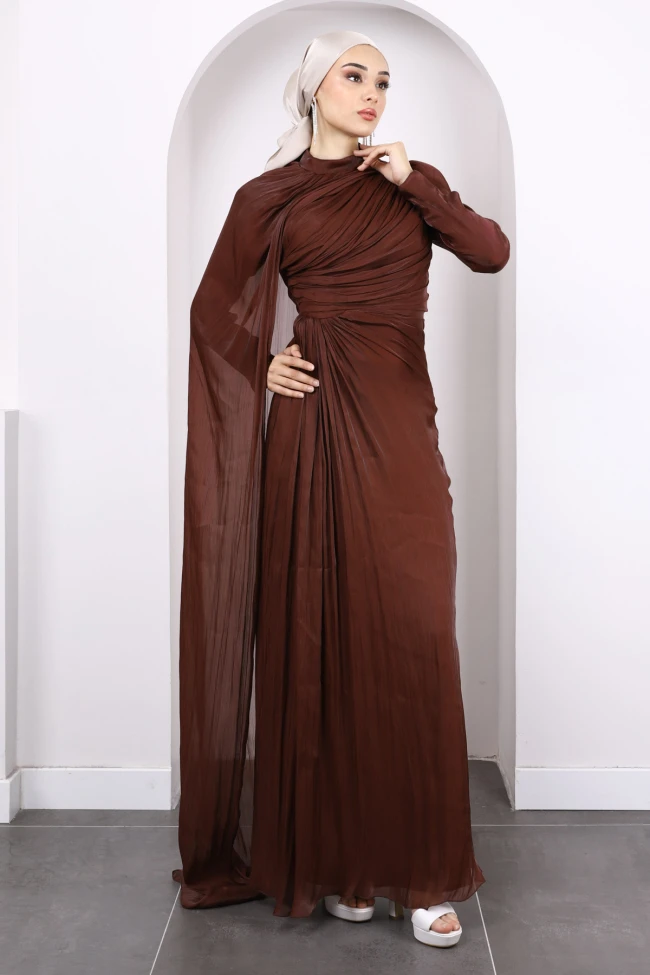 Kahverengi Önü Drapeli Şifon Abiye