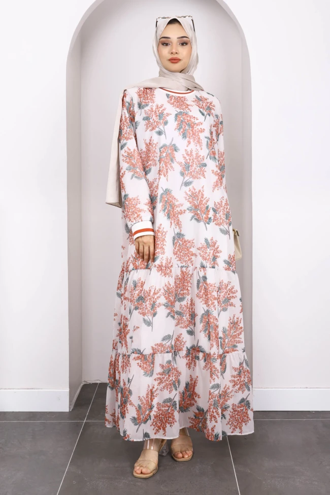 Kiremit Desenli Şifon Elbise