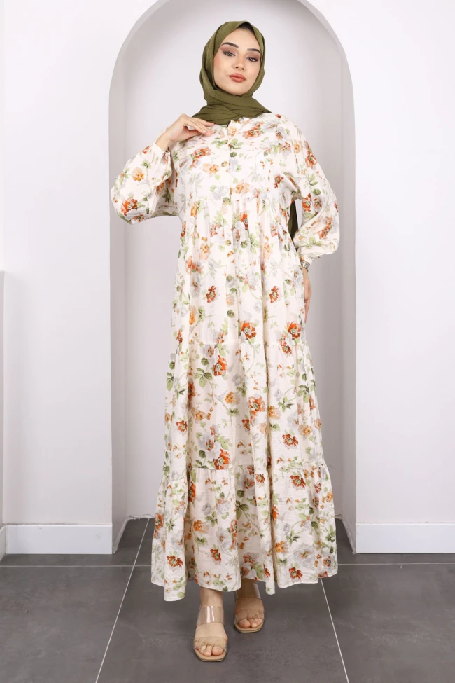 Kiremit Yarım Düğmeli Eteği Katlı Desenli Elbise