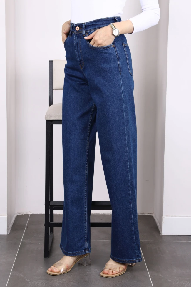 Koyu Mavi Yüksek Bel Palazzo Kot Pantolon