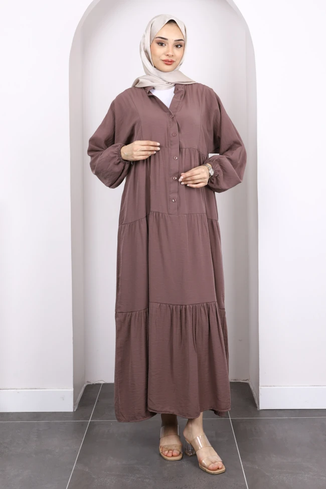 Koyuv Vizon Yarım Düğmeli Eteği Katlı Modal Elbise