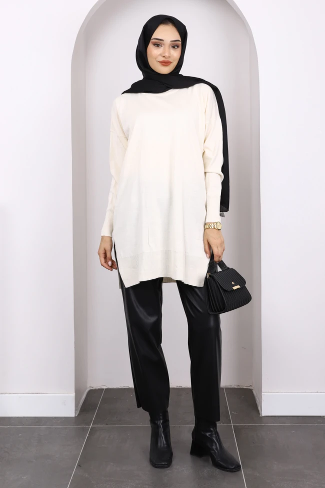 Krem Mevsimlik Merserize Salaş Triko Tunik