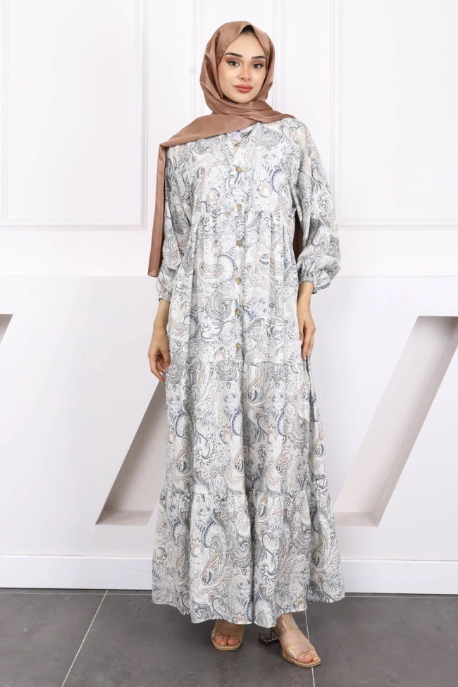 Krem Yarım Düğmeli Eteği Katlı Desenli Elbise