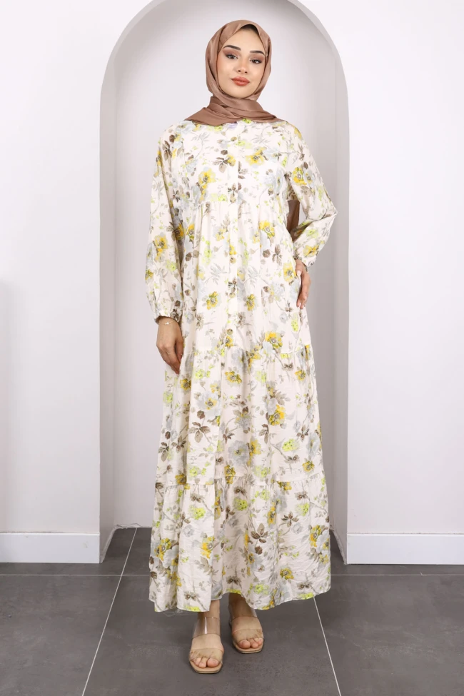 Krem Yarım Düğmeli Eteği Katlı Desenli Elbise