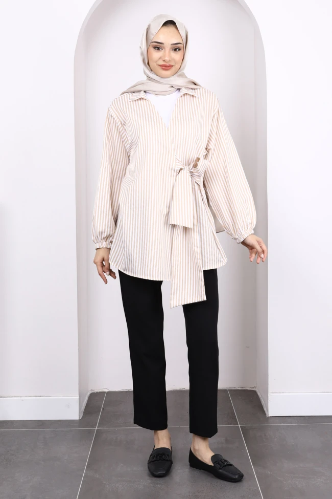 Krem/Bisküvi Çizgili Yan Bağlamalı Kimono