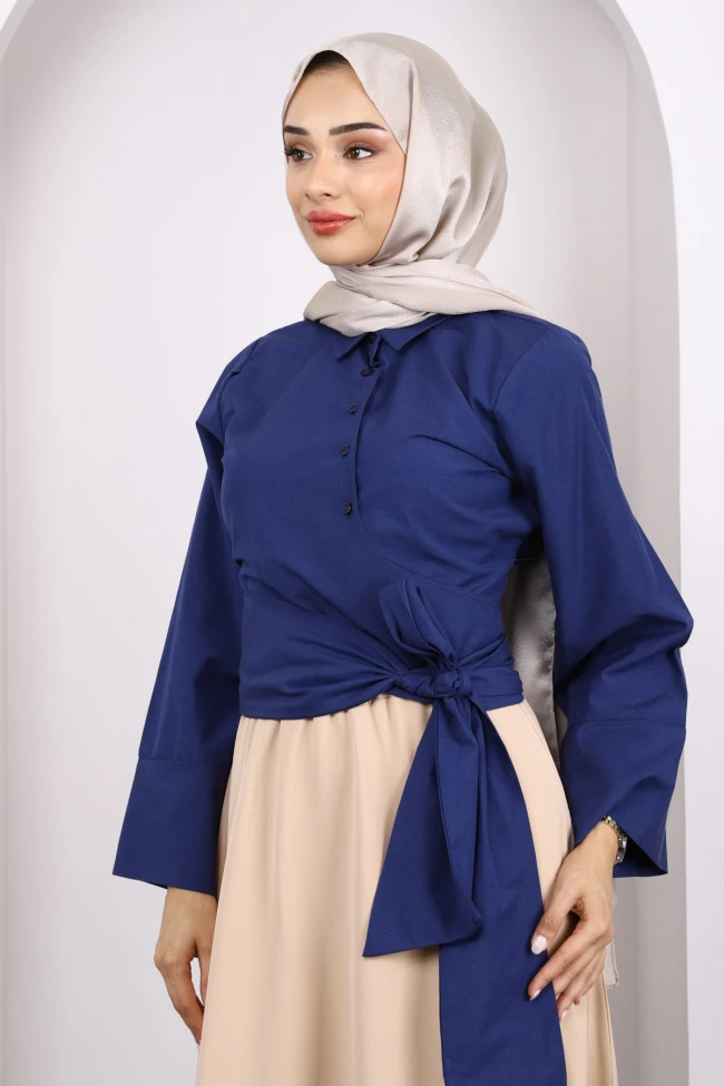 Lacivert Bel Bağlamalı Crop Gömlek