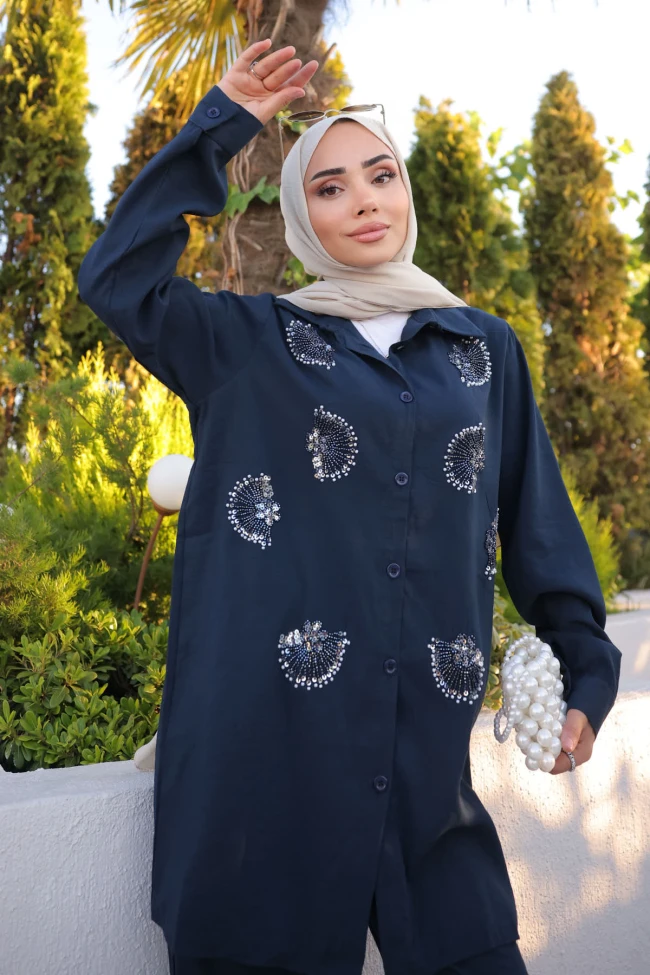 Lacivert Boncuk İşlemeli Tunik Pantolonlu Takım