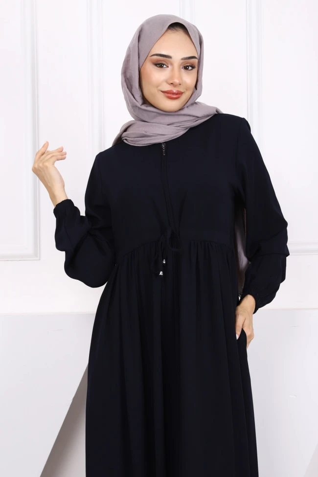 Lacivert Büzgülü Kol Lastikli Ferace