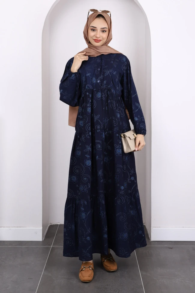Lacivert Desenli Yarım Düğmeli Kol Lastikli Elbise