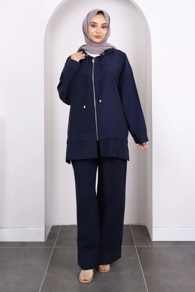Lacivert Fermuarlı Tunik Pantolonlu Takım