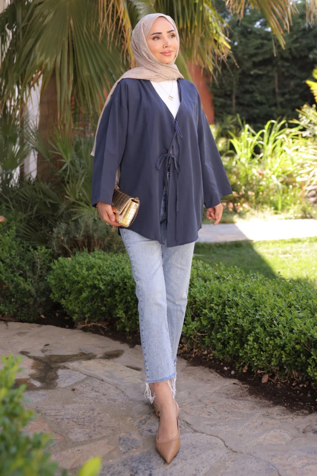 Lacivert Ön Bağlamalı Kimono Tunik