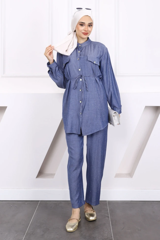 Lacivert Taşlı Tunik Pantolon Takım
