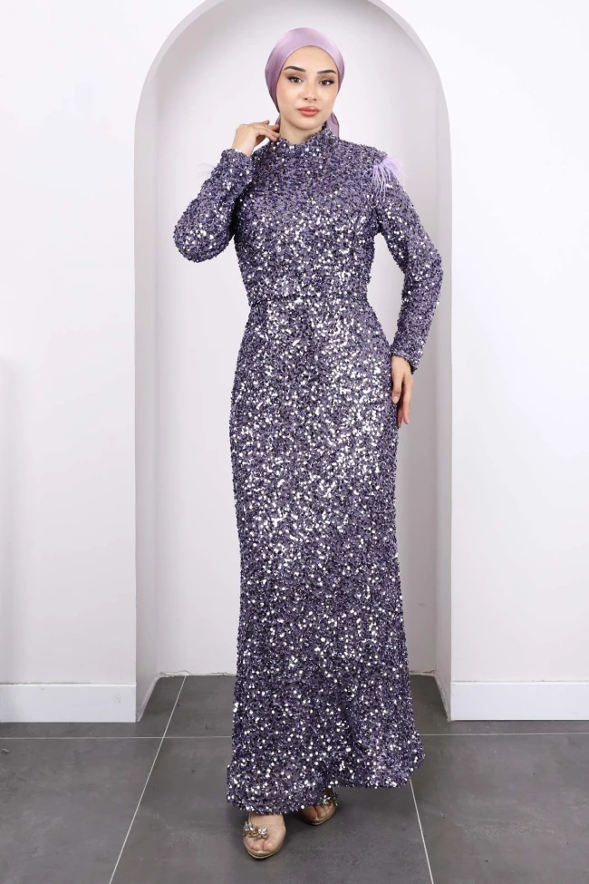 Lila Bel Kuşaklı Payetli Abiye