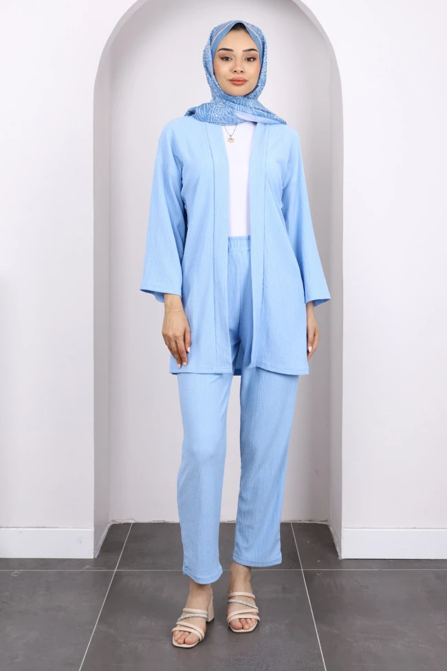 Mavi Bürümcük Kimono Pantolon Takım