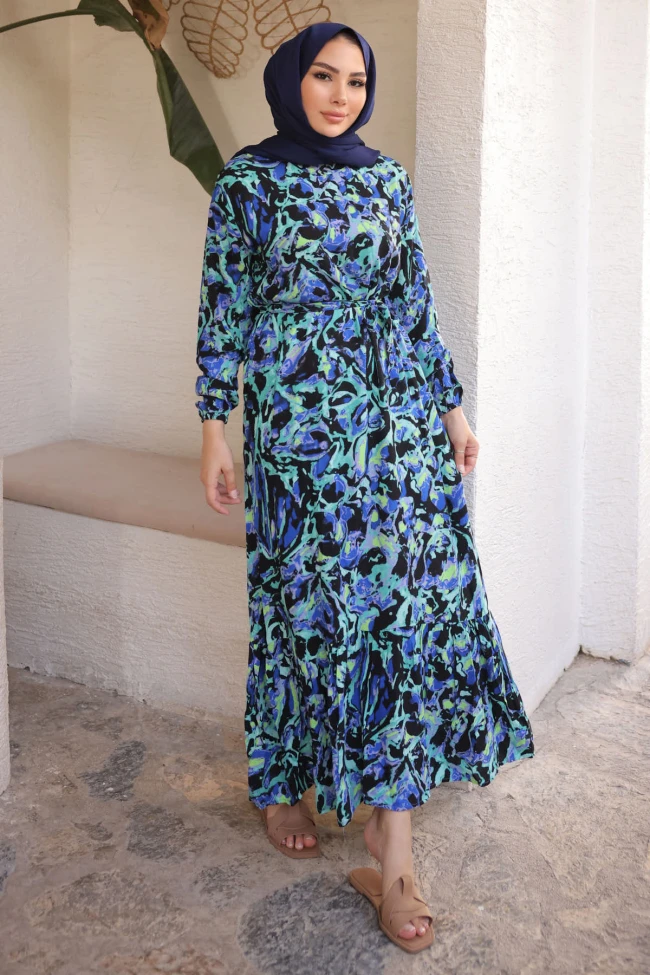 Mavi Desenli Eteği Katlı Viscon Elbise