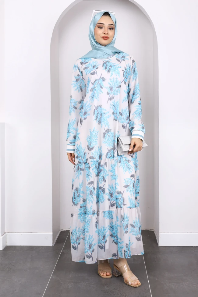 Mavi Desenli Şifon Elbise