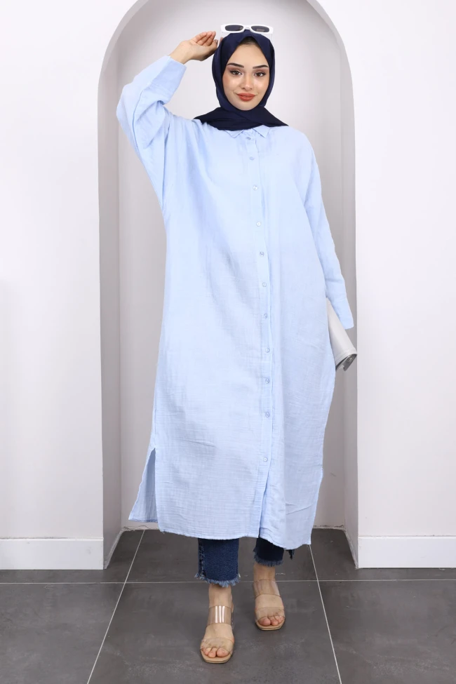 Mavi Düğmeli Müslin Tunik