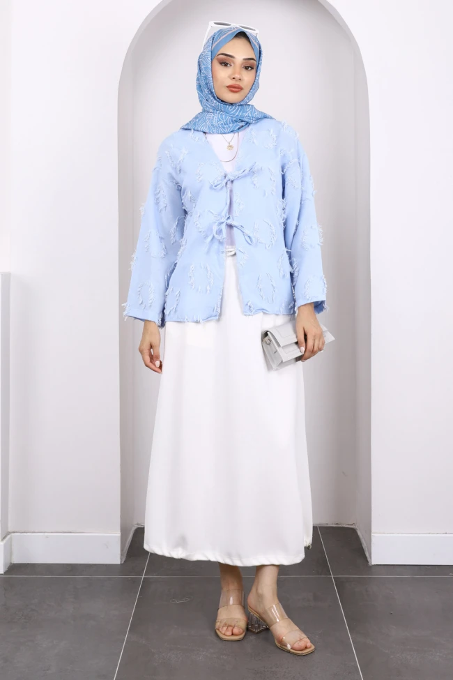 Mavi Ön Bağlamalı Püsküllü Kimono