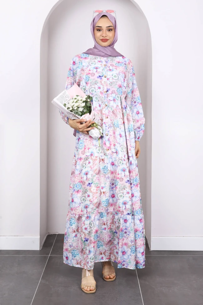 Mavi Yarım Düğmeli Eteği Katlı Çiçek Desenli Elbise