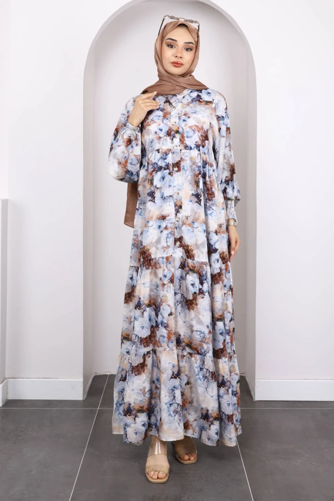 Mavi Yarım Düğmeli Eteği Katlı Desenli Elbise