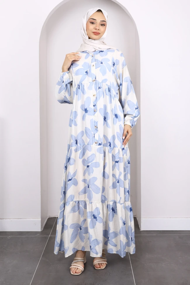 Mavi Yarım Düğmeli Eteği Katlı Desenli Elbise