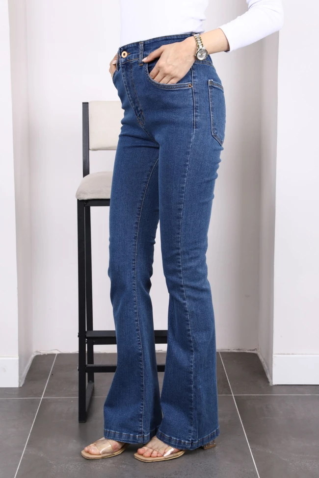 Mavi Yüksek Bel İspanyol Paça Jeans Pantolon