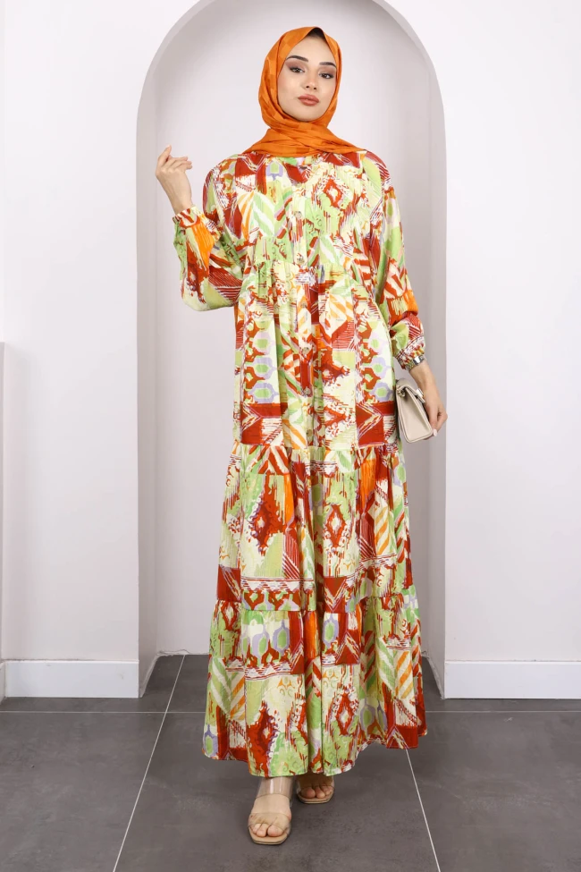 Mint Yarım Düğmeli Eteği Katlı Desenli Elbise