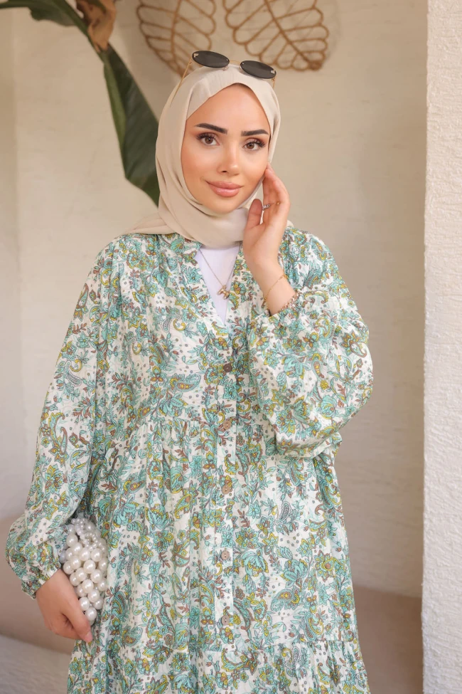 Mint Yeşili Yarım Düğmeli Eteği Katlı Elbise