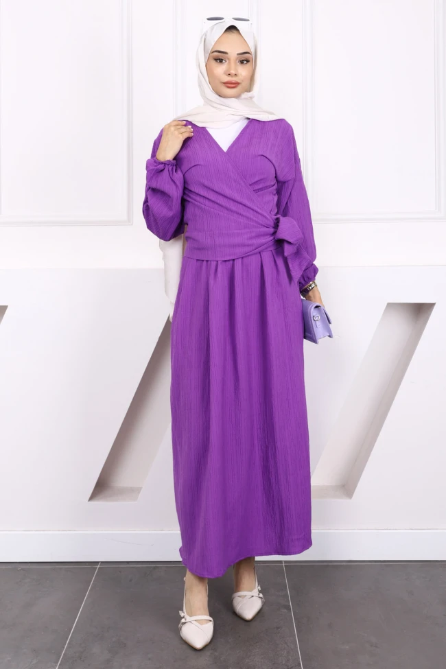 Mor Yan Bağlamalı Bluz Etekli Takım