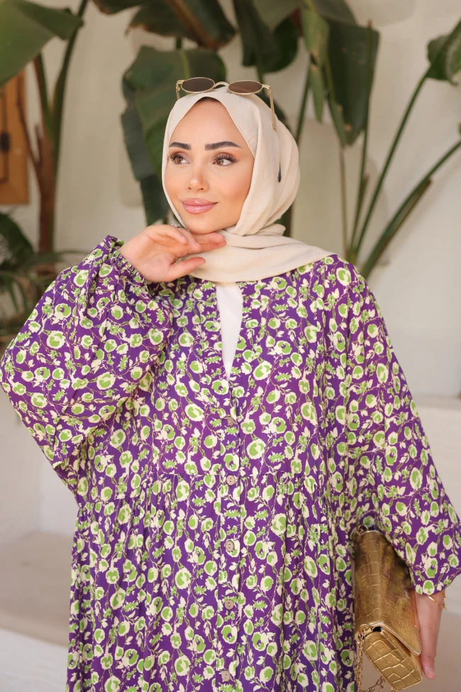 Mor Yarım Düğmeli Eteği Katlı Elbise