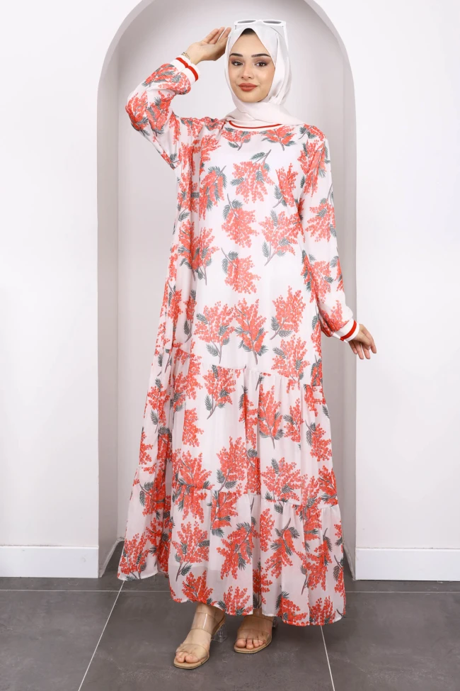 Nar Çiçeği Desenli Şifon Elbise