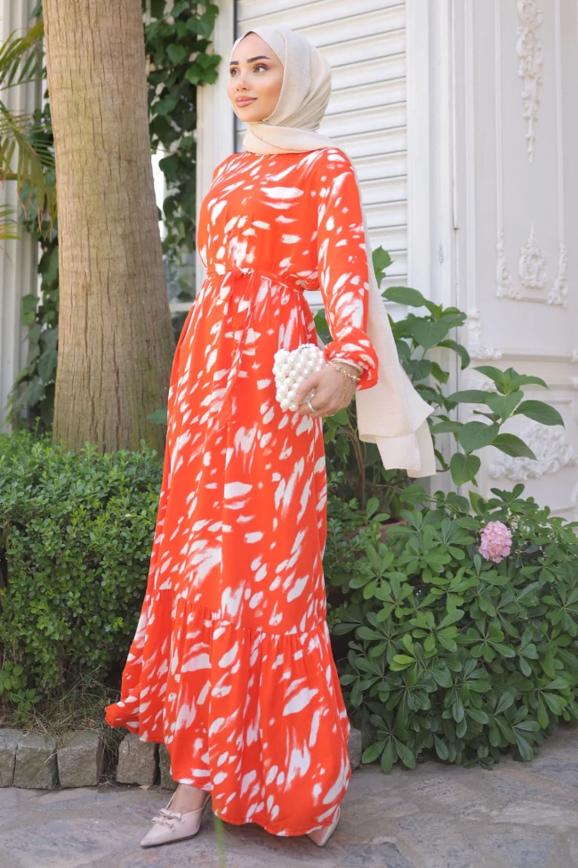 Oranj Desenli Eteği Katlı Viscon Elbise