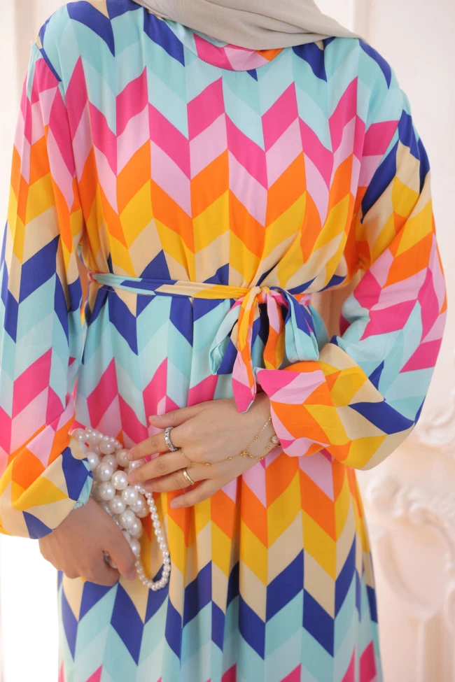 Oranj Mint Desenli Eteği Katlı Viscon Elbise