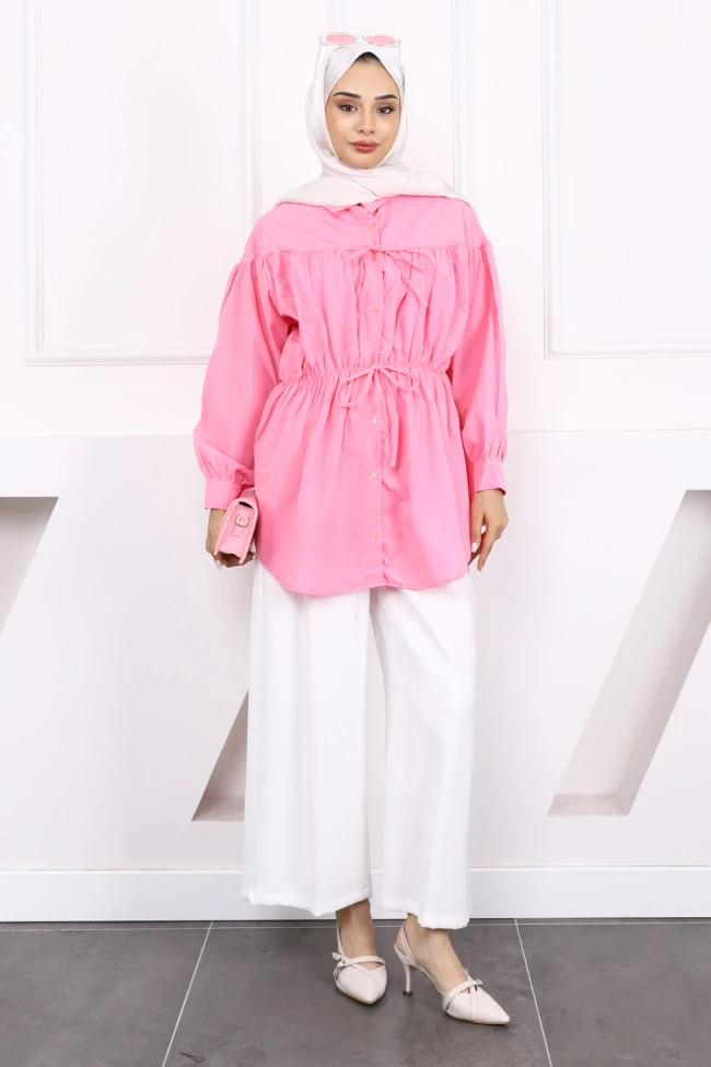 Pembe Bel Lastikli Düğmeli Tunik