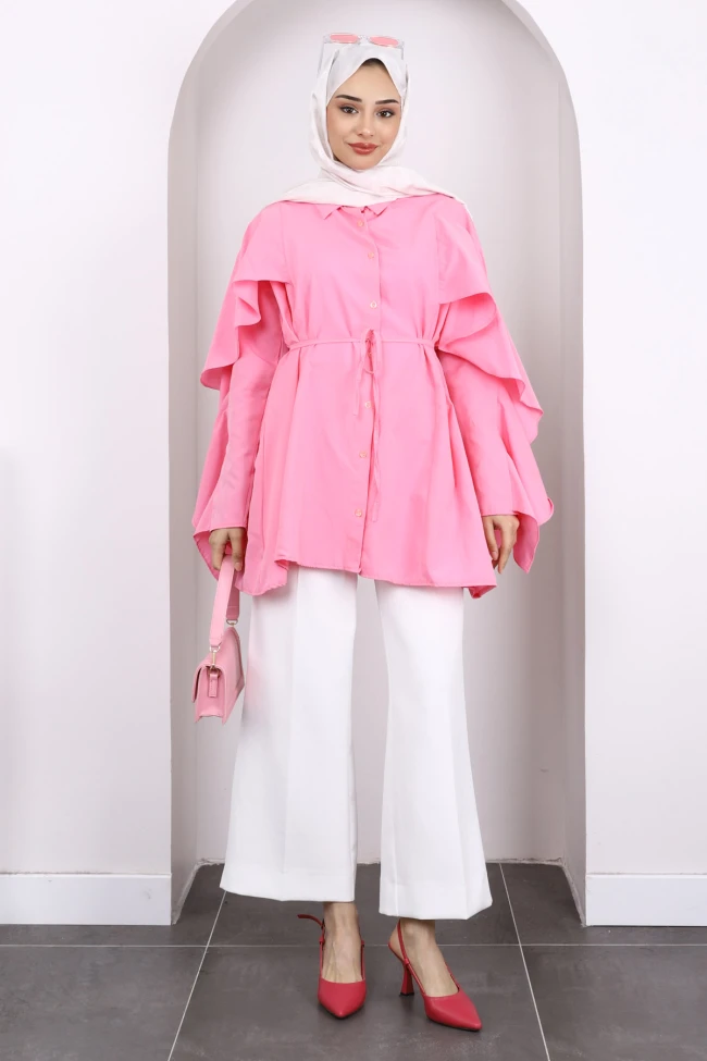 Pembe Beli İpli Volanlı Tunik