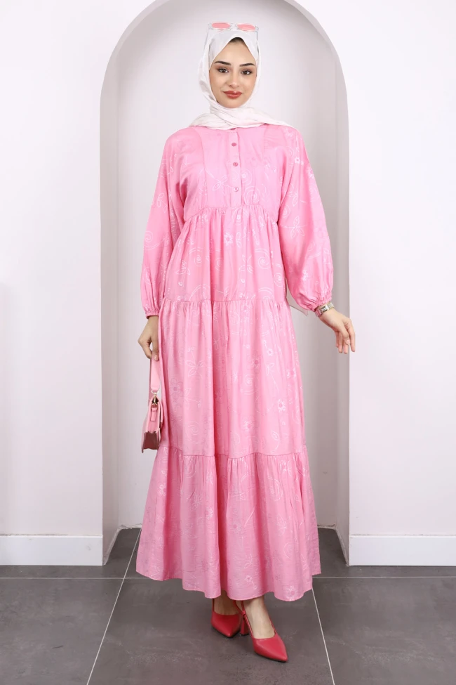Pembe Desenli Yarım Düğmeli Kol Lastikli Elbise