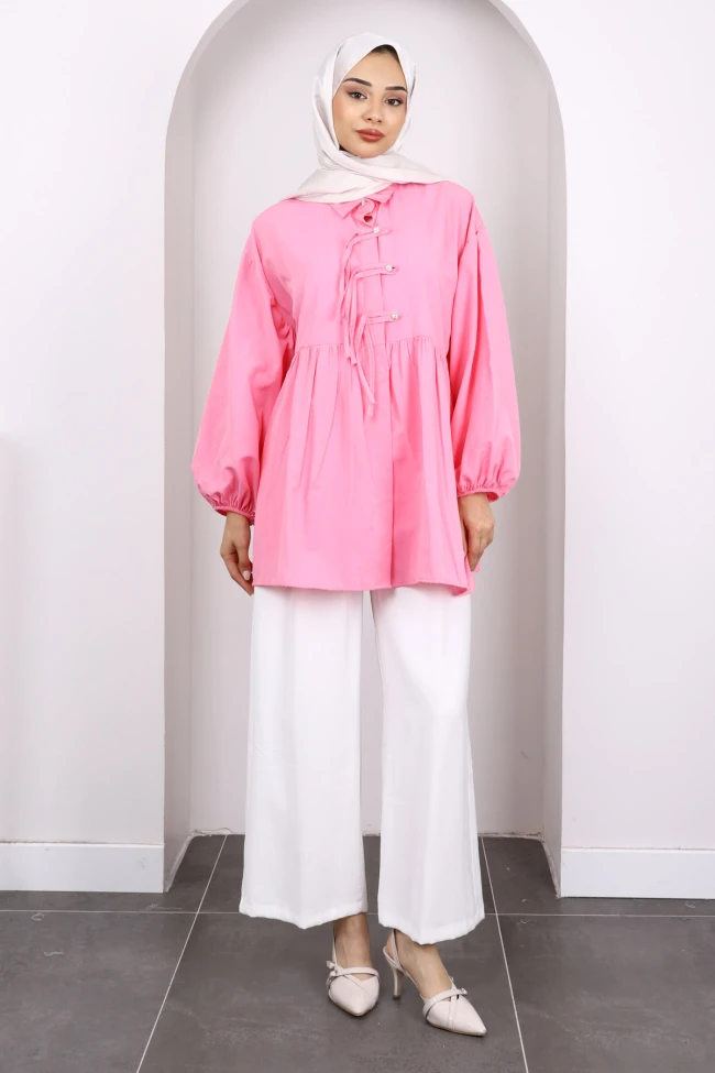 Pembe Kol Lastikli Ön Düğmeli Tunik