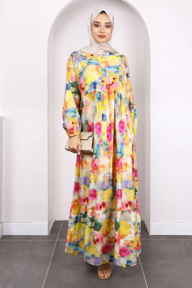 Pembe Yarım Düğmeli Eteği Katlı Desenli Elbise