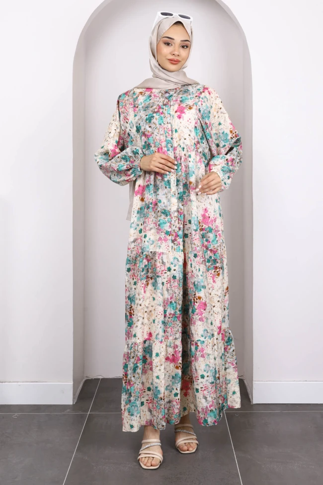 Petrol Yeşili Yarım Düğmeli Eteği Katlı Desenli Elbise