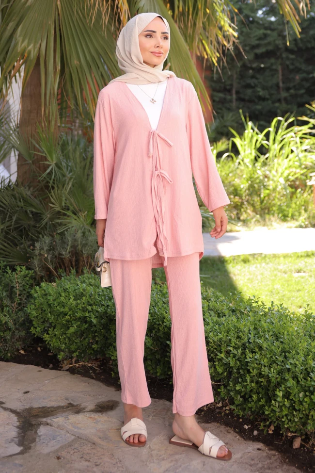 Pudra Ön Bağlamalı Bürümcük Kimono Pantolonlu Takım