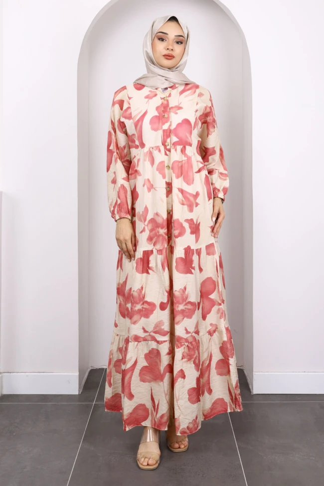 Pudra Yarım Düğmeli Eteği Katlı Desenli Elbise