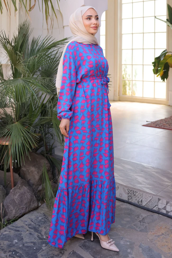 Saks Mavi Desenli Eteği Katlı Viscon Elbise