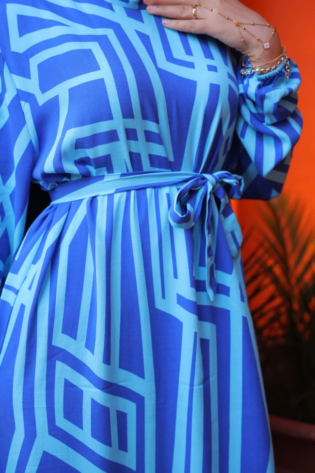 Saks Mavi Desenli Eteği Katlı Viscon Elbise